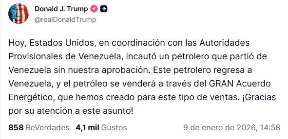 Trump afirma que petrolero incautado regresará a Venezuela y crudo se venderá bajo “gran acuerdo energético” 1 G P1q3lXQAAQ5dj
