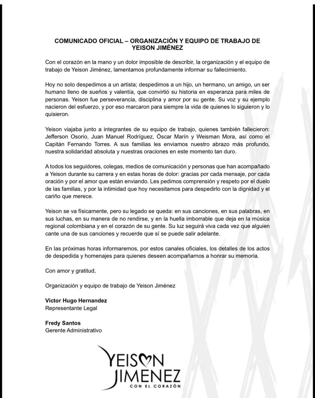 “Un dolor imposible de describir”: Organización Yeison Jiménez despide al artista y a su equipo 1 G XdcAeXEAAweee