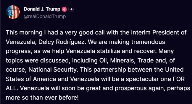 Trump describe como “excelente” su llamada con la presidenta interina de Venezuela, Delcy Rodríguez 1 G qJGaObQAQc8dv