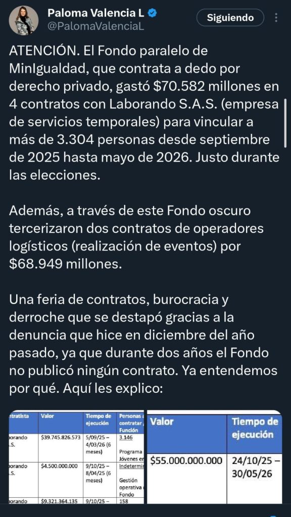 Paloma Valencia denuncia “fondo oscuro” en Ministerio de Igualdad con contratos por más de $139.000 millones 1 G9 tHgHXsAA79NZ