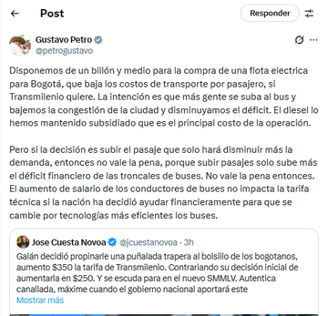 Petro responde al alza del pasaje de TransMilenio y ofrece $1,5 billones para flota eléctrica 1 G9oXb5ZXcAAS7AV