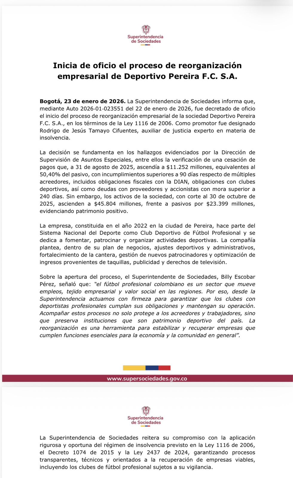 Alerta financiera en el fútbol colombiano: SuperSociedades interviene a Deportivo Pereira por millonaria cesación de pagos 1 G WBzHEXkAAOuqF