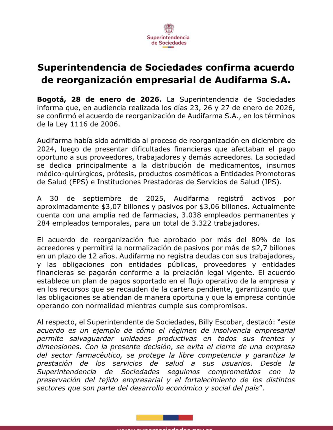 SuperSociedades avala acuerdo de reorganización de Audifarma por $2,7 billones 1 G vjXDoWwAArhoh