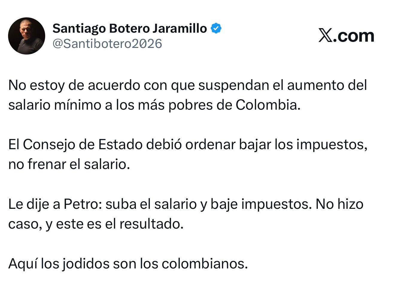 Santiago Botero rechaza suspensión del salario mínimo y critica política económica del Gobierno 1 645d105f 3908 4956 98a5 518586ddaa84