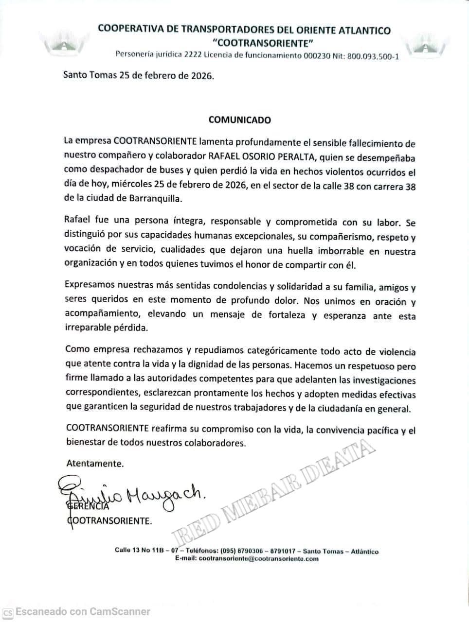 Cootransoriente lamenta muerte de despachador en hechos violentos en Barranquilla 1 93d574bf 9324 40d1 8866 6b232df8cb23