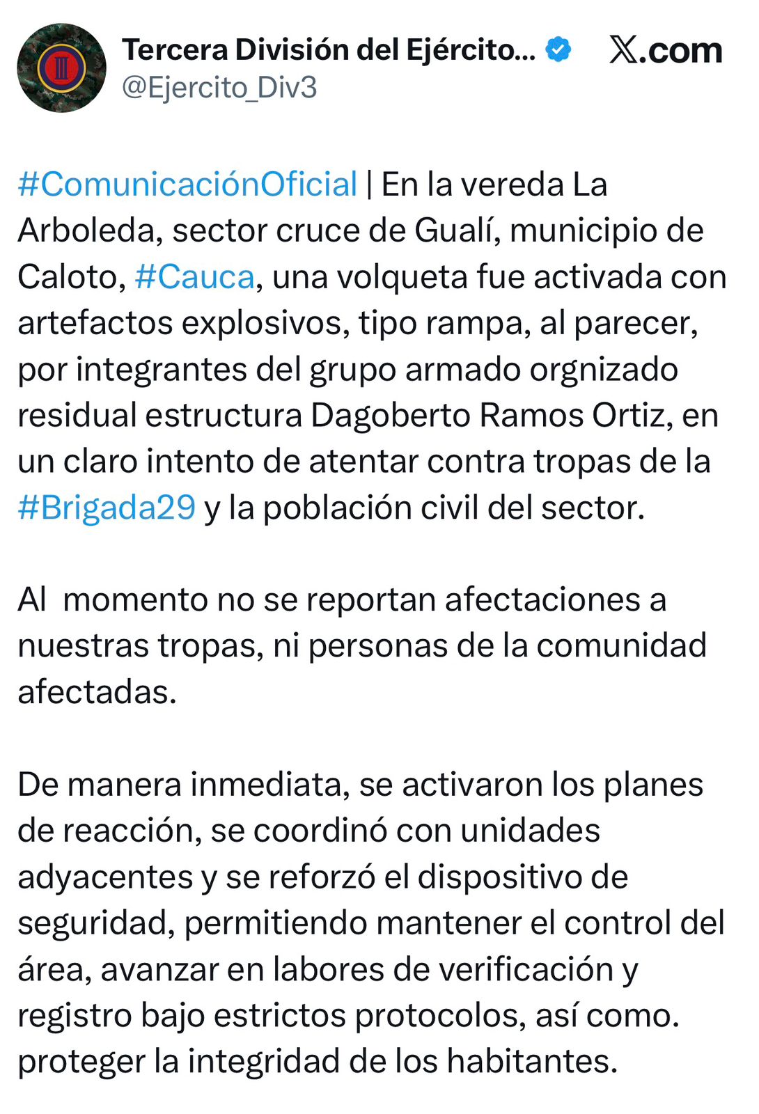 Tras atentado en zona rural de Caloto, Comandante de las FF.MM. anuncia intensificación de operaciones en el norte del Cauca 1 HAQcop WQAAEhde