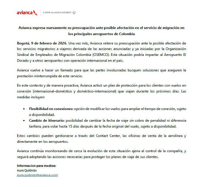 Avianca advierte posibles afectaciones en controles migratorios por acciones sindicales 1 HAv6hOdXAAAEy9w
