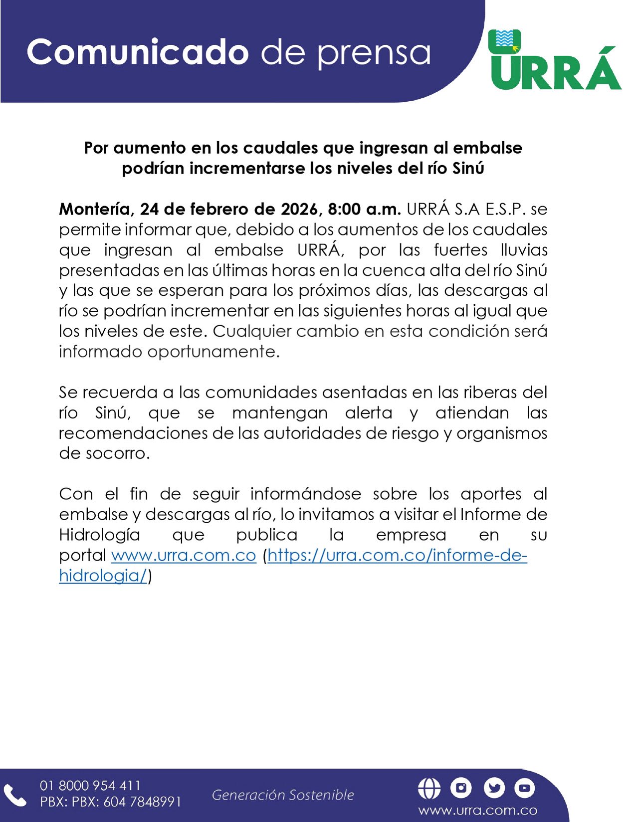 Alertan por posible aumento en niveles del río Sinú ante incremento de caudales al embalse 2 HB7QlCNXoAAkpDM