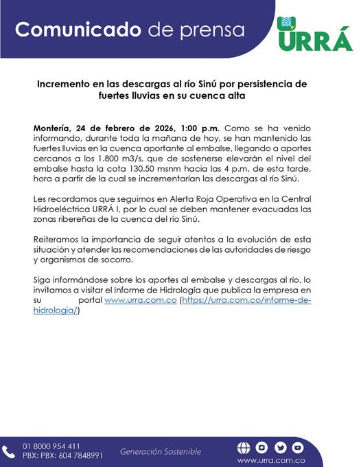 Alertan por posible aumento en niveles del río Sinú ante incremento de caudales al embalse 1 HB8W2f1XwAAj1AZ