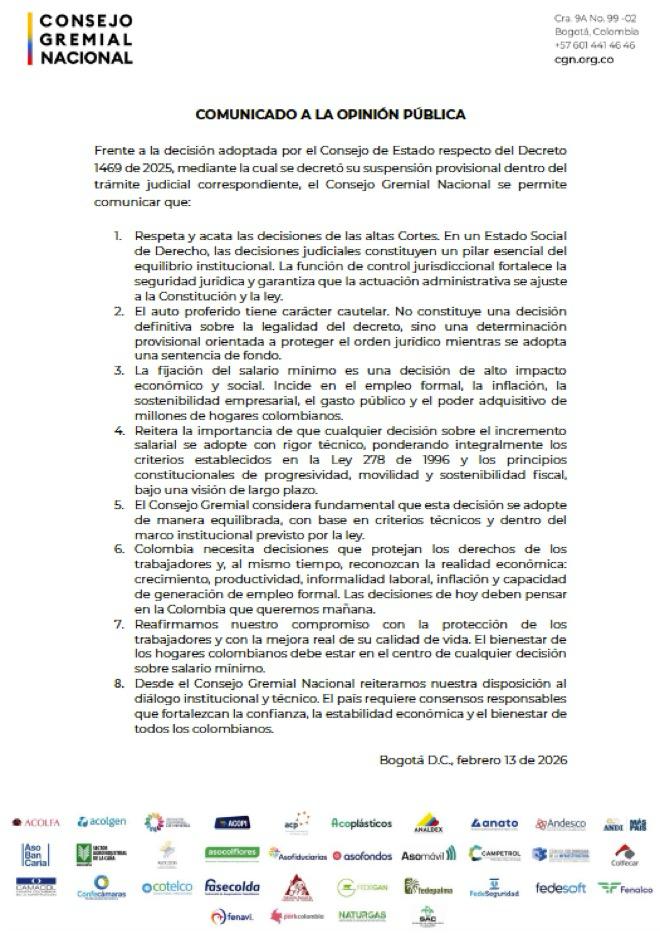 Consejo Gremial respalda decisión del Consejo de Estado sobre suspensión del salario mínimo 1 HBDNF1aaQAAUuIE
