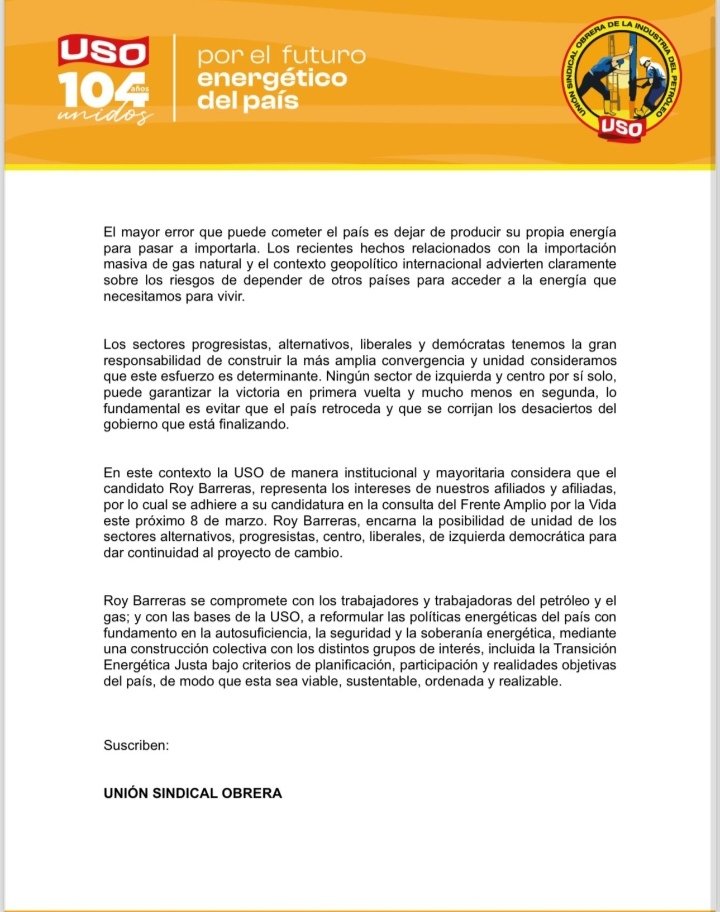USO respalda la candidatura presidencial de Roy Barreras a dos semanas de las elecciones 2 HBfavZ8WcAAgOj7