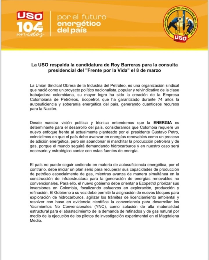 USO respalda la candidatura presidencial de Roy Barreras a dos semanas de las elecciones 1 HBfavZKXAAEfTc