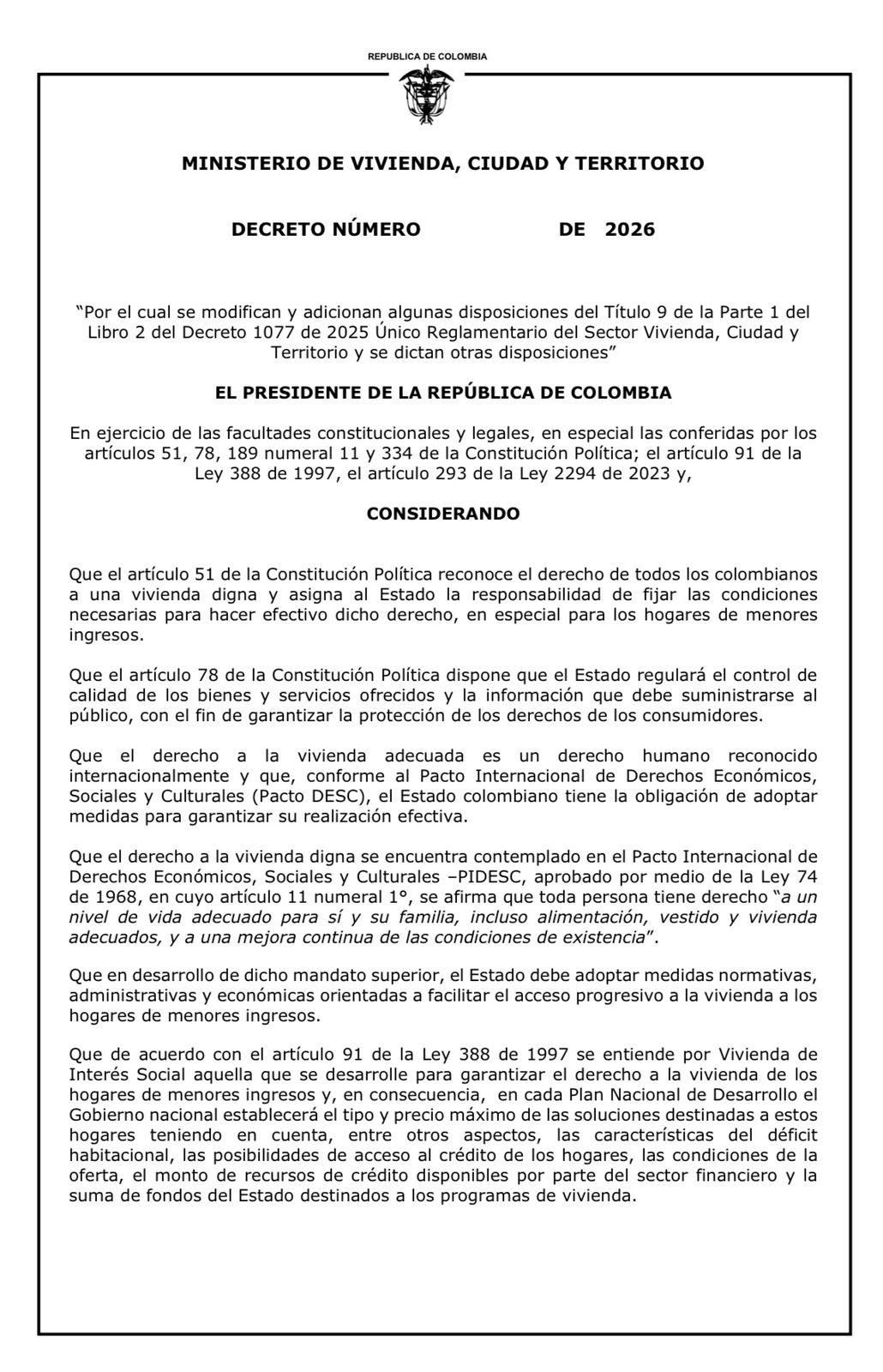 Ministerio de Vivienda, Ciudad y Territorio publica borrador para fijar precios de VIS y VIP en pesos 1
