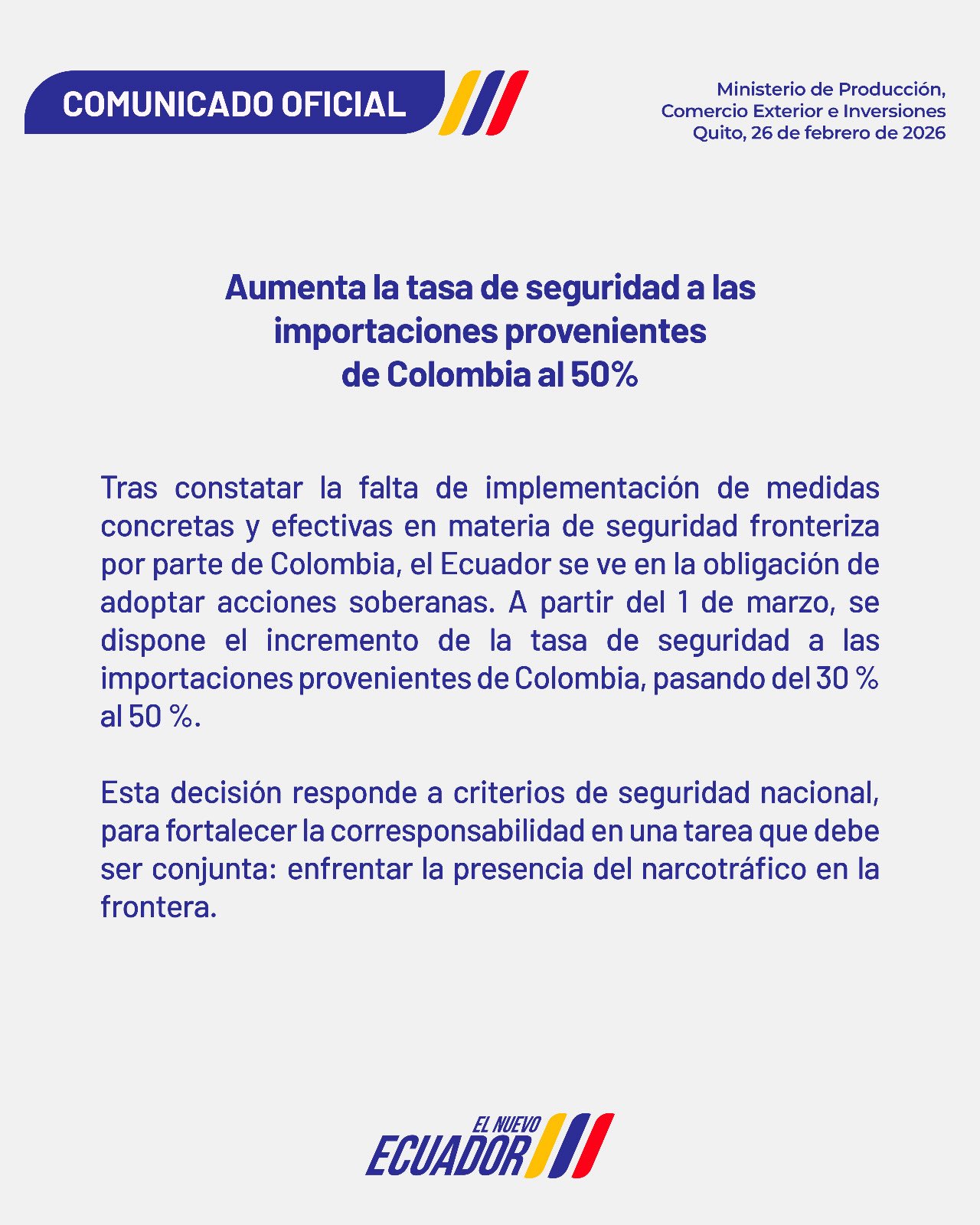 Ecuador eleva aranceles a importaciones colombianas al 50% por desacuerdos en seguridad 1 HCFapfobMAAayzZ