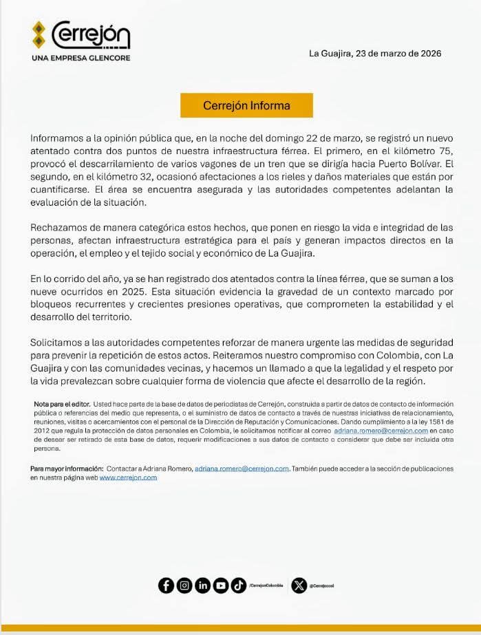 Sabotaje en La Guajira: dos ataques a la línea férrea de Cerrejón descarrilan tren y paralizan operación 7 6bb8c9eb e00d 4d60 9a3c 1088355027df