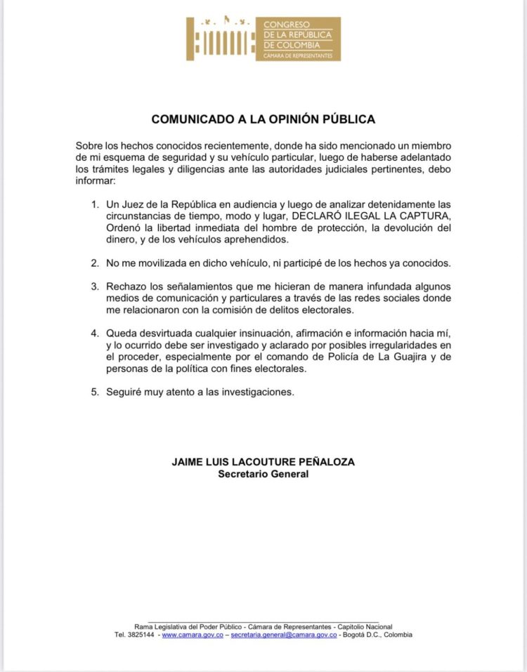 Secretario de la Cámara solicita investigar a la Policía tras captura de su escolta en La Guajira 1 Comunicado Jaime Luis Lacouture 750x957 1