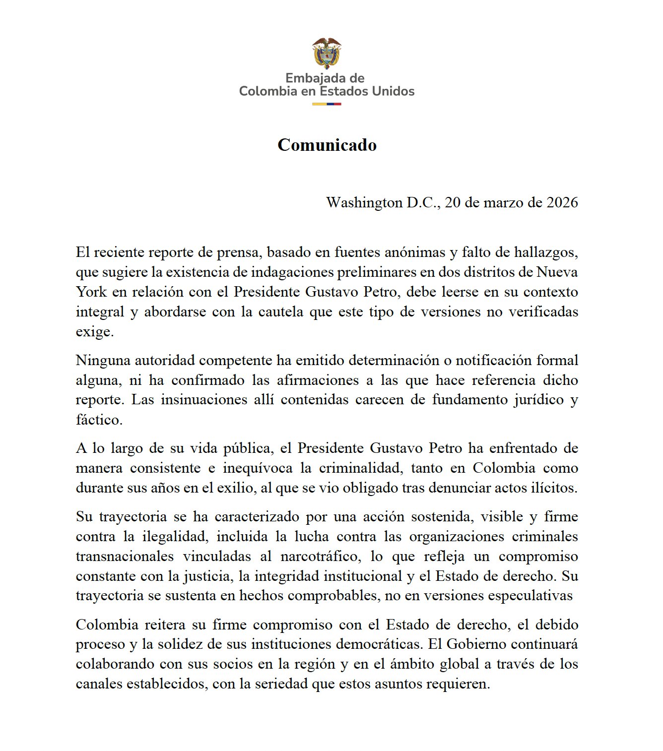 Comunicado de la Embajada de Colombia en los Estados Unidos