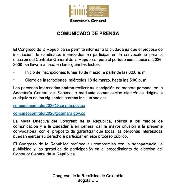 Abren inscripciones para candidatos a contralor general de la República 2026–2030 1 HDaTt2OaMAAMG83