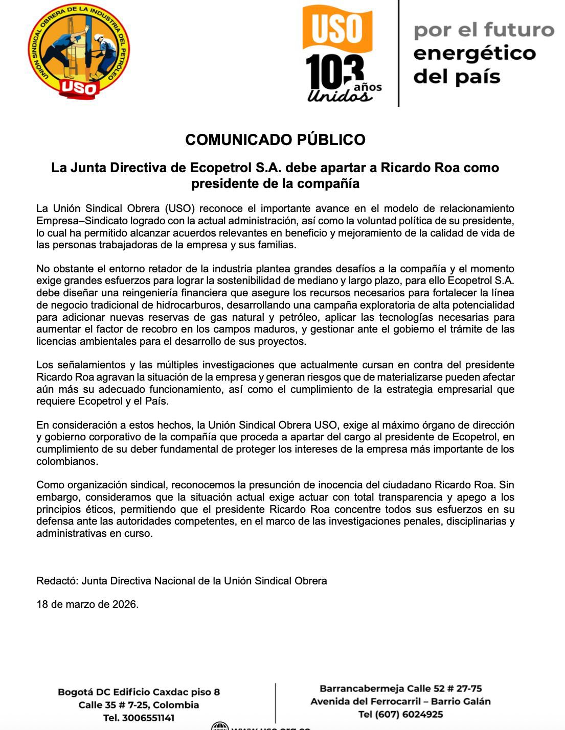 Sindicato de Ecopetrol pide salida de Ricardo Roa en medio de investigaciones 1 HDuN qUbwAAW8Yf