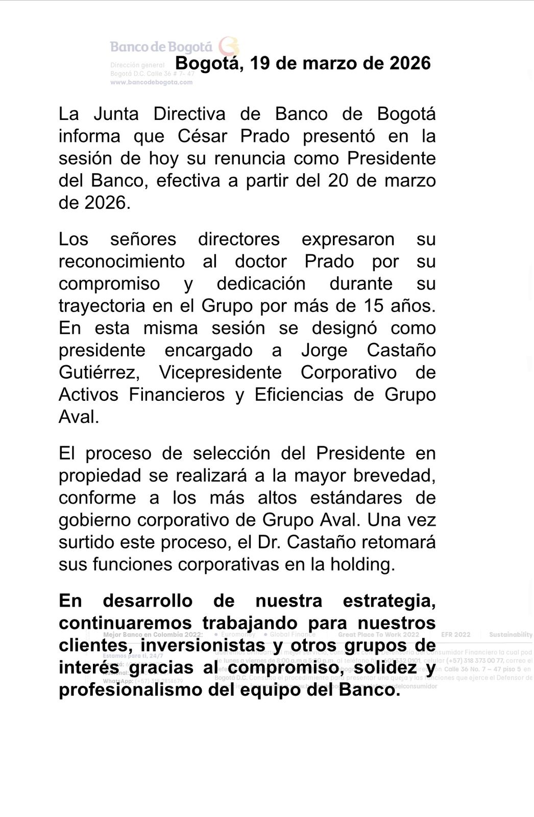 Sacudida en el Banco de Bogotá: renuncia su presidente César Prado 1 HDyYGUcbAAA4Kka