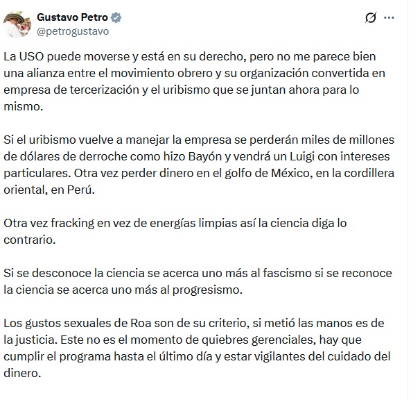 Petro responde a la USO por pedido de salida de Ricardo Roa: niega alianzas y lanza advertencia 1 HENUgJCaIAAoNpe
