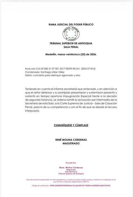 Caso de Santiago Uribe Vélez pasa a la Corte Suprema tras impugnación especial 1 HERcJ8rbMAAQ0uG