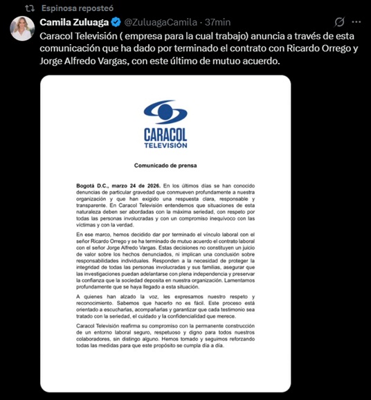 Sacude a Caracol: salen Ricardo Orrego y Jorge Alfredo Vargas, confirma Camila Zuluaga 1 URI 6 2 0 35