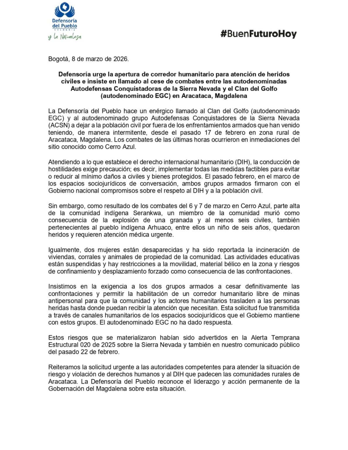 Defensoría del Pueblo, exige a grupos armados permitir corredor humanitario en la Sierra Nevada 1 WhatsApp Image 2026 03 09 at 7.52.48 AM 1187x1536 1