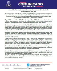 Paola Vélez asume como nueva comisionada de la CRC en medio de retos clave del sector digital 1 HFPWP6jasAAVcgP