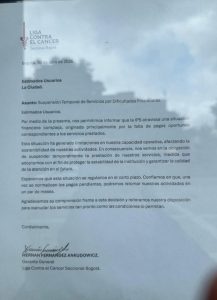Crisis en salud: Liga Contra el Cáncer suspende servicios en Bogotá por deudas 1 HHfgR2bWQAA0JvR