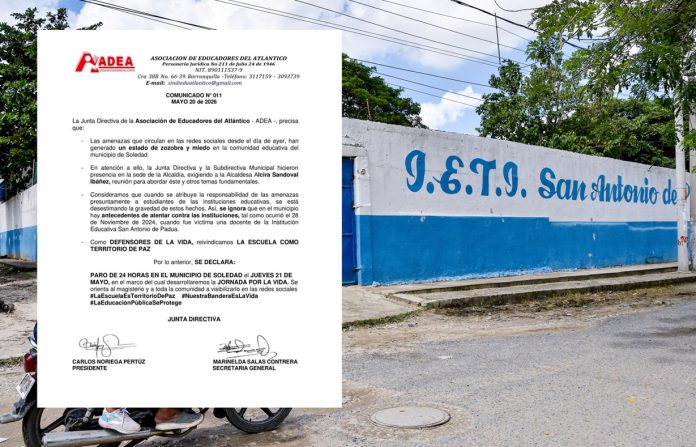 ADEA convoca paro de 24 horas en Soledad por amenazas contra la comunidad educativa