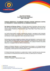 Partido Demócrata Colombiano denuncia amenazas contra su presidente y pide protección urgente 2 f809c829 ee29 45c4 8678 22b00fed4a42 18