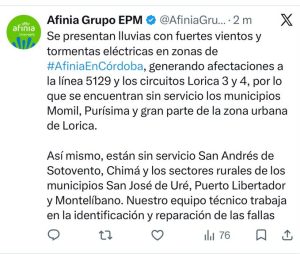 Fuertes lluvias dejan sin energía a siete municipios de Córdoba y generan emergencia este 6 de agosto 1 HPCP4M6W4AAM Kn
