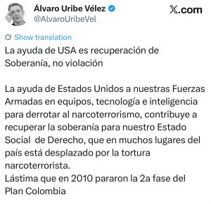 Uribe respalda cooperación militar con EE. UU.: “Contribuye a recuperar la soberanía” 1 HPmVAAzWMAAiEof