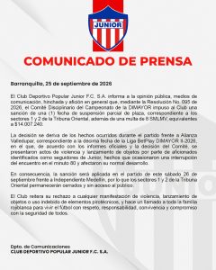 Junior recibe sanción y tendrá sectores de la tribuna Oriental cerrados ante Medellín 1 825267930 1429653655790069 824442201871944372 n