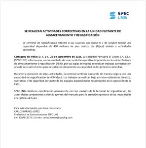 SPEC LNG reduce su operación por daño en uno de sus trenes de procesamiento 1 Comunicado SPEC LNG 1